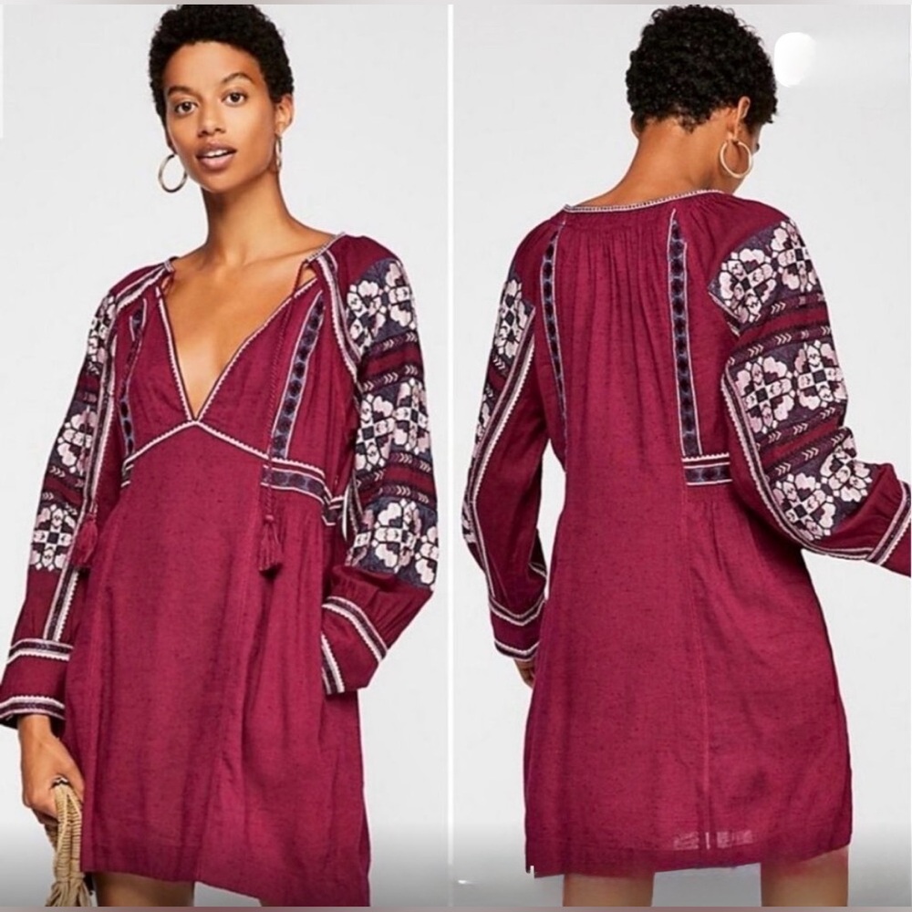 Free People Santiago All My Life Embroidered Burgundy Peasant Tunic Wine Dress